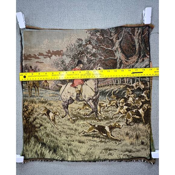 Vintage Fox Hunt Woven Tapestry Panel Horse Hounds Equestrian Scene 18x19 - Picture 6 of 8